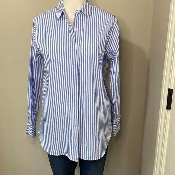 BODEN Girl Fit Blue White Striped Shirt Button Down Sz 4 - Picture 2 of 13